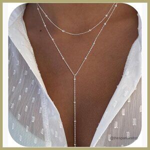 Silver Plated Layered Y Necklace with Cubic Zirconia Pendant
